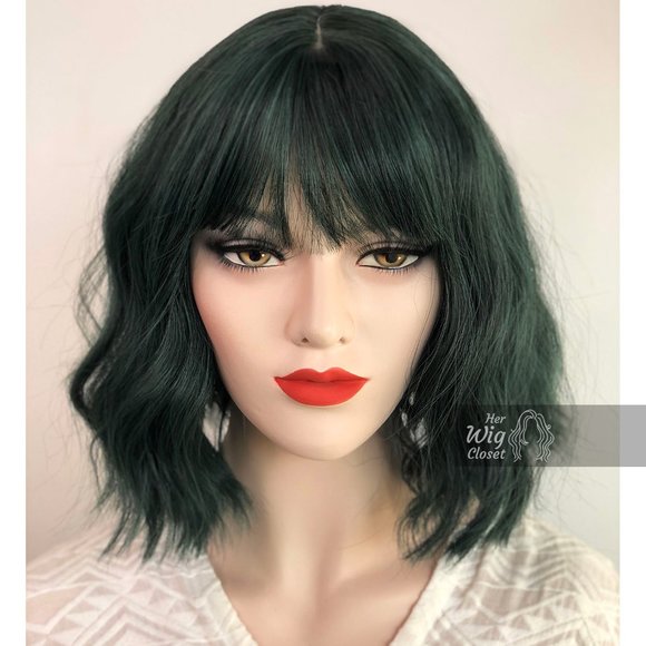 12" Pastel Dark Green Wavy Wig with Bangs |Polaris - Picture 2 of 9